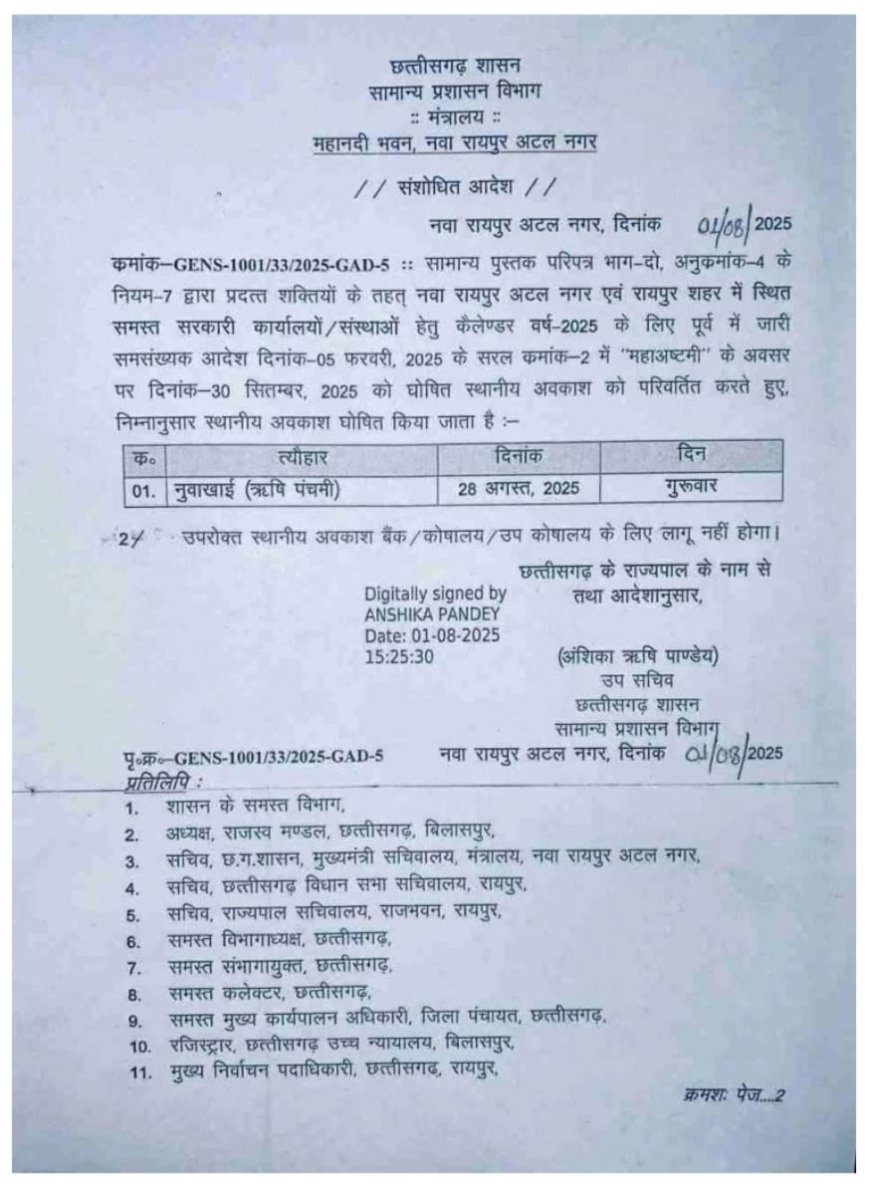 घोषणा  नुवाखाई पर्व पर स्थानीय अवकाश घोषित  - महाअष्टमी की बजाए अब नुवाखाई पर छुट्‌टी की घोषणा